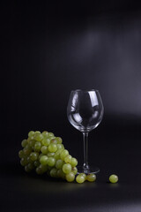 Still life on a black background. A glass wine glass and grape vine.