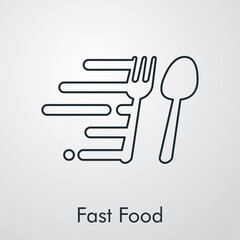 Concepto restaurante. Icono plano lineal texto Fast Food con cubiertos con líneas de velocidad en fondo gris