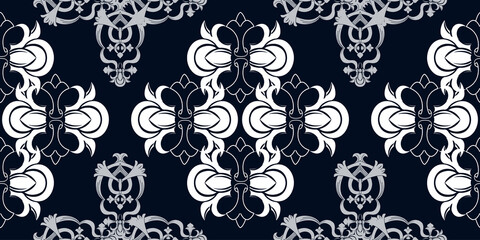 Vector elegan tile ornate seamless pattern. White ornament on luxury elegant blue background Retro hindu monochrome motif