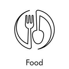 Concepto restaurante. Icono plano lineal cubiertos en círculo girando en color negro