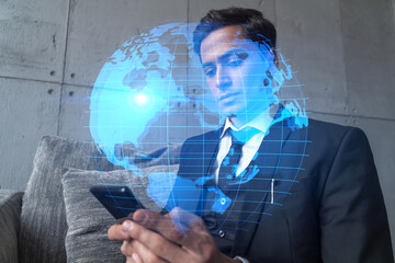 Man in office working with Smartphone, Searching for new countries to work with. International...