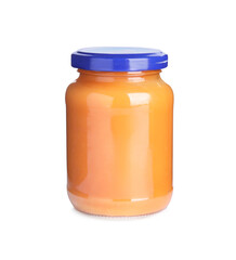 Jar with baby food isolated on white