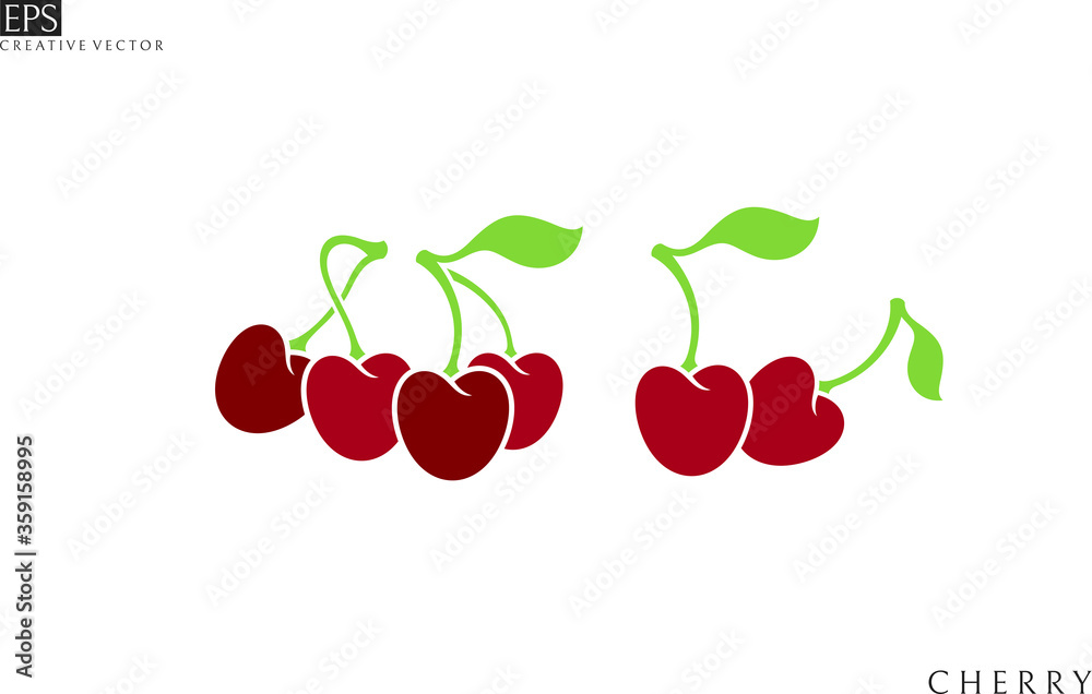 Sticker fresh cherries with leaves. isolated berries on white background