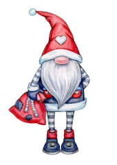 Christmas cute gnome  cartoons, isolated on white. Merry Christmas greeting card. Watercolor illustration.