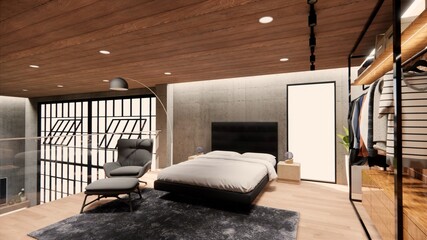 3d rendering. Interior house modern open living space with kitchen.Loft style Duplex apartment residence.Home decoration luxury  interior design.