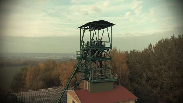 Winding tower of old underground mine. Coal mining in Czech Republic.