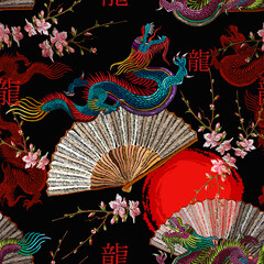 Fototapeta Asian dragons, rising sun, japan fan and sakura flowers. Ethnic horizontal seamless pattern. Oriental art. Fashion japanese and chinese style. Template for clothes obraz