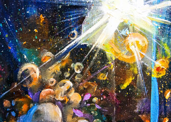 Small luminous particles, bubbles, spiral, rays light, making its way through the darkness - this is the birth of life in the Universe. Abstract art in mixed technique: acrylic and oil painting.