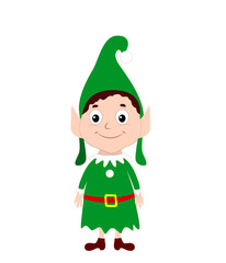 A cute and wonderful Christmas elf in a green suit is standing straight and smiling. Vector stock illustration of cartoon character for festive website design, social networks on a white background.