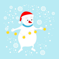 Cartoon snowman holding a garland. Christmas and New Year vector illustration.