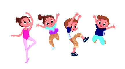 Group of dancing children. Creative kids. Dancing studio. Jumping boy. Ballet elements.