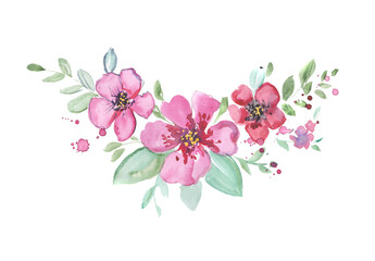 Wreath of pink flowers painted by watercolor isolated on white