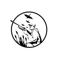 Bird Hunter or Duck Shooter With Rifle Circle Retro Black and White