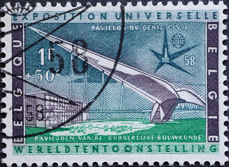 BELGIUM - CIRCA 1958: A postage stamp from Belgium for the world exhibition showing the pavilion of...