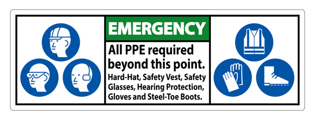 Emergency PPE Required Beyond This Point. Hard Hat, Safety Vest, Safety Glasses, Hearing Protection