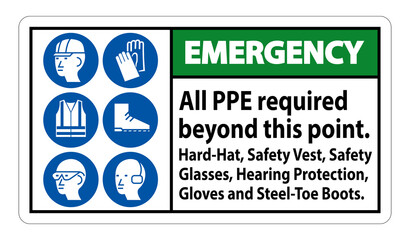 Emergency PPE Required Beyond This Point. Hard Hat, Safety Vest, Safety Glasses, Hearing Protection