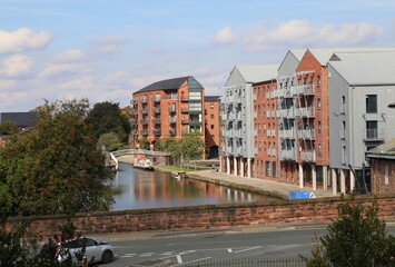 Residential buildings beside the Shropshire Union Canal in the centre of the City of Chester, England, UK.
