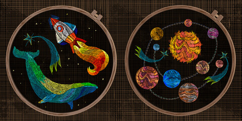 Embroidery collection. Space whale in universe, solar system, meteor. Template tambour frame with a canvas, elements from stitches. Art for clothes © Matrioshka