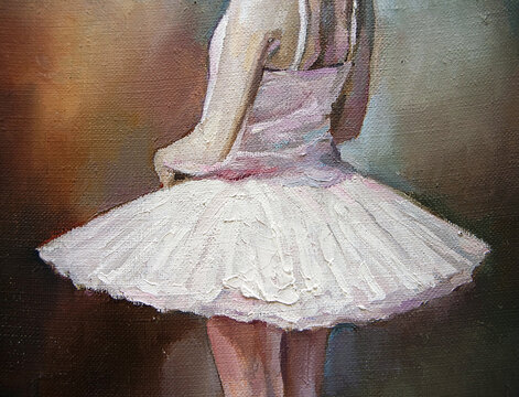 Delicate pink light dress, lush ballet tutu. Oil painting on canvas.