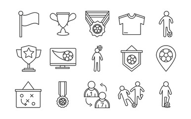 soccer game, trophy league recreational sports tournament line style icons set