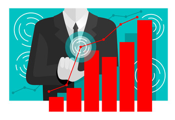 Financial profit concept - businessman with chart - person in suit touching financial graph with growth - flat vector illustration