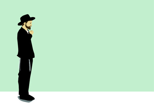 Vector drawing of a chassid. Religious orthodox Jew. Torah observant and commandments. Praying, crying, sighing, begging,
The figure is wearing a hat, and a black suit, with tassels on both sides.