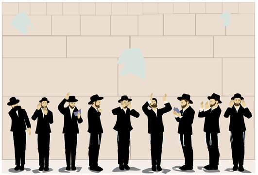 Nine religious ultra - Orthodox Jewish men pray.
Some read from "prayer arrangement".
Flat vector drawing. In nice shades 
Against the backdrop of the Western  Wall in Jerusalem 