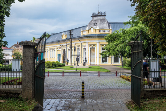 Entrance to park in historic part of Carei city in Satu Mare region, Romania