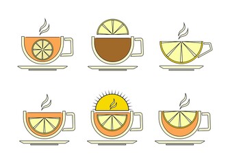 
A set of tea cups. Close-up. Multicolored image of stylized tea cups with a slice of lemon on a white background. Design element. Vector graphics.