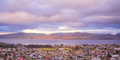 Aerial view of Rotorua city at sunset