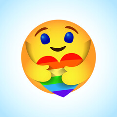 LGBT community symbol. Emoji, Emoticon vector, Round Yellow cartoon hugging heart love design LGBTQ+ related symbol in rainbow color. Gay Pride. Homosexual Community Pride Month. Hugging heart. Care