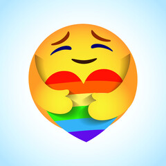LGBT community symbol. Emoji, Emoticon vector, Round Yellow cartoon hugging heart love design LGBTQ+ related symbol in rainbow color. Gay Pride. Homosexual Community Pride Month. Hugging heart. Care
