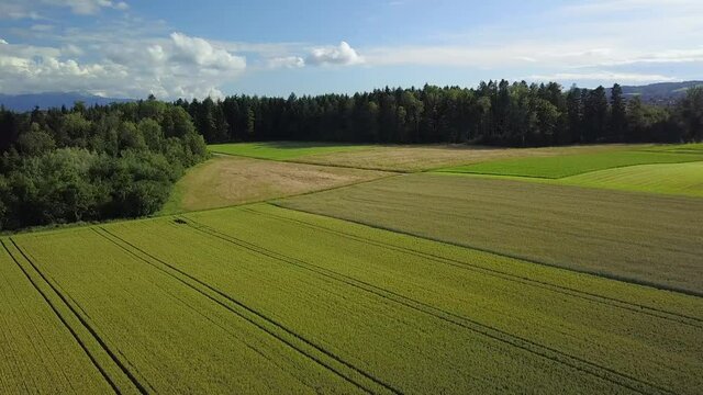 Vue a&eacute;rienne par drone au-dessus de la campagne ensoleill&eacute;e et de ses champs dans le canton de Vaud en Suisse romande le vol est calme avec un vol vers l'avant et une courbe &agrave; droite