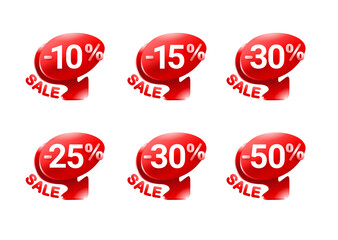 Sales tags in rounded decoration with arrow down and different percentage - 5, 10, 15, 20, 25, 30, 50 and 75 - vector marketing elements set