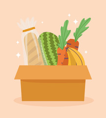 online market, bread fruits and vegetable in cardboard box, food grocery shop home delivery
