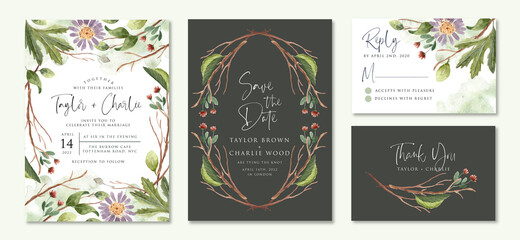 wedding invitation set with floral branches watercolor