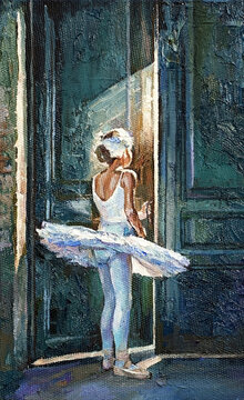 Little girl, ballerina in a white ballet tutu, worries before the performance, looks at the scene through the ajar door. Oil painting on canvas.