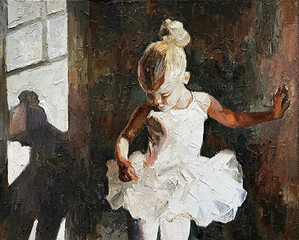 The young girl-ballerina thought in the mysterious contrasting light of the ballet studio. Oil painting on canvas. © Mariia
