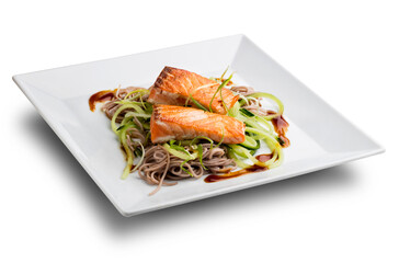 Salmón con pasta  sobre fondo blanco. Salmon with pasta on white background