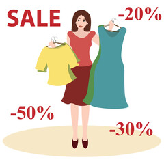 Sales woman offers discount clothes on sale. Boutique Sale. Woman shopping at a sale. The girl is trying on a new dress in the store. Vector illustration in a flat style for design.