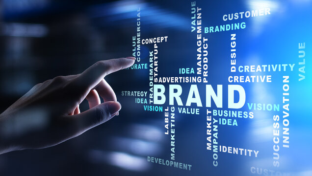 Brand Words Cloud On Virtual Screen. Branding, Marketing And Advertising Concept.