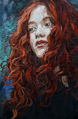 Young girl with red hair and beautiful green eyes. Oil painting on canvas, created with brush strokes.                              