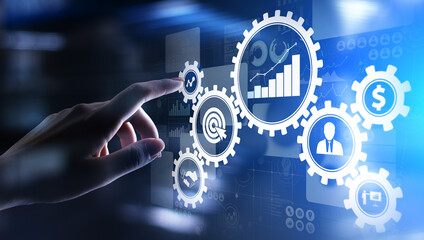Business process management automation workflow, document validation, connected gear cogs with icons, technology concept