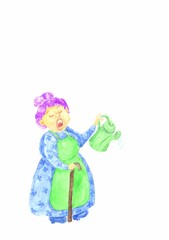 watercolor illustration of a cute yawning tired grandmother in a blue dress with a green watering can isolated on a white background.Woman watering 