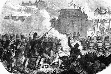 Hungary revolution. 1848-1849. Army take over Buda. Antique illustration. 1856.