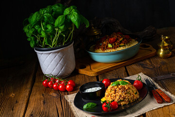 rustic bulgur fried with minced meat and vegetables