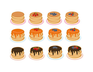 pancakes with maple syrup, honey, chocolate, blueberries and strawberries on a plate in vector flat style. set of elements for design, food, american dessert