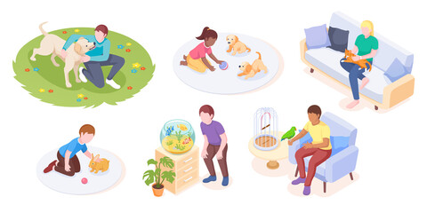 Obraz na płótnie Canvas Pets and owners play and care daily life, vector isometric set. Woman cuddles cat on sofa, girl playing with puppies and man walking dog in park, rabbit, parrot and aquarium fishes, pets animals