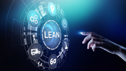 Lean, Six sigma, quality control and manufacturing process management concept on virtual screen.