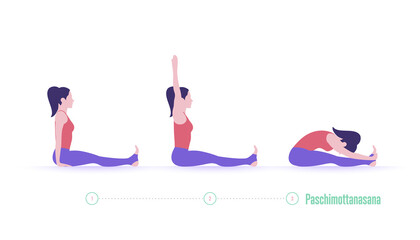Yoga pose. Paschimottanasana - Seated Forward Bend Pose. Exercise step by step